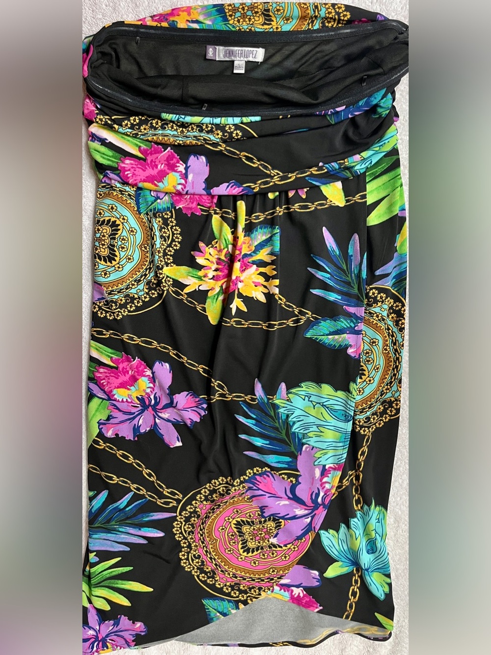 Jennifer Lopez SEXY Black Strapless Tropical Print Dress chain pattern L - Picture 4 of 11